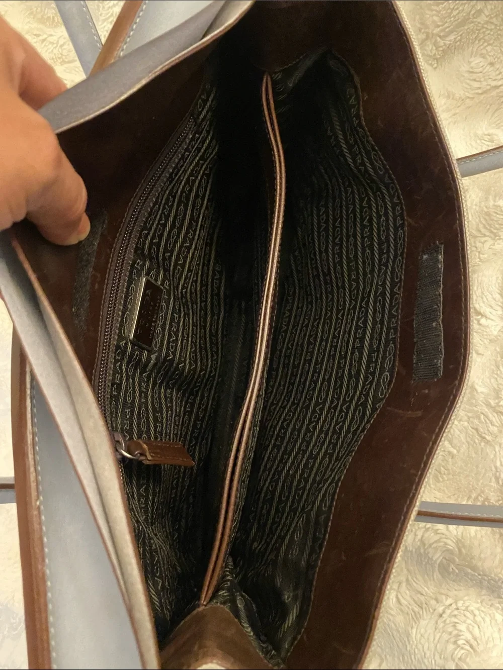 Prada vintage Canvas Tote in Light Gray with Blue Trim